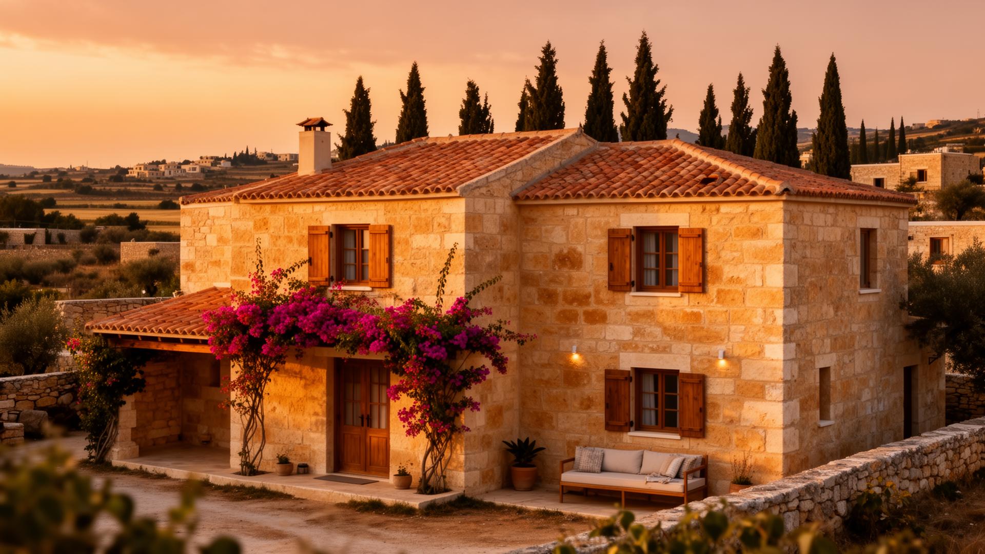 The restored stone façade at golden hour